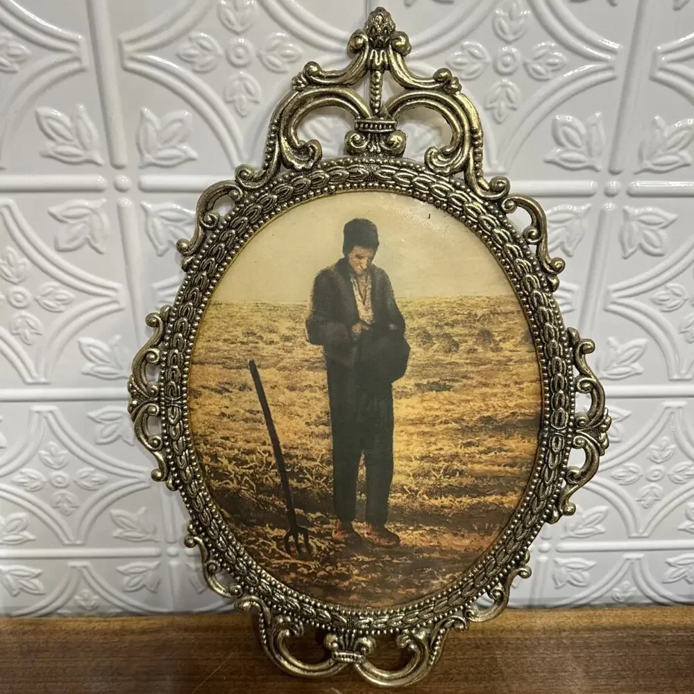 The Angelus By J F Millet Oval Metal Frame Convex Glass Farmer Praying Vtg